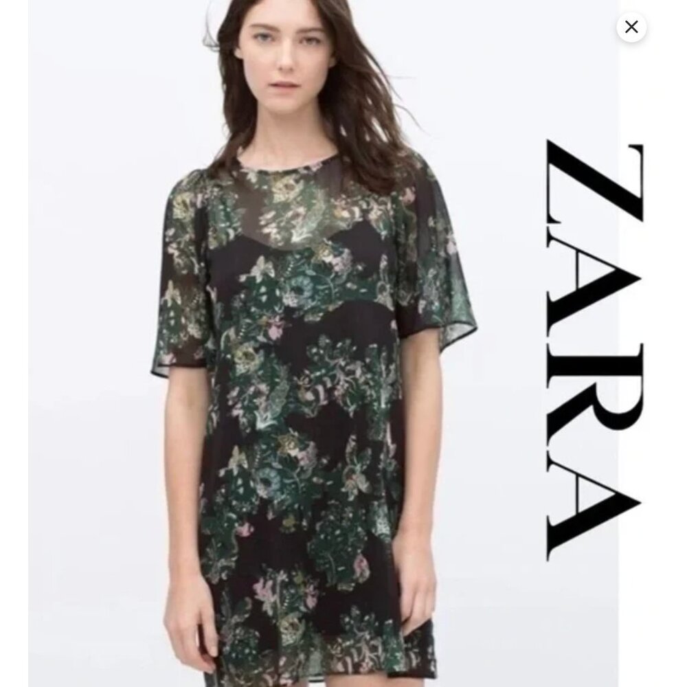 Zara Woman's Medium Dark Green Flutter Sleeve Silk Sheer A-Line Dress